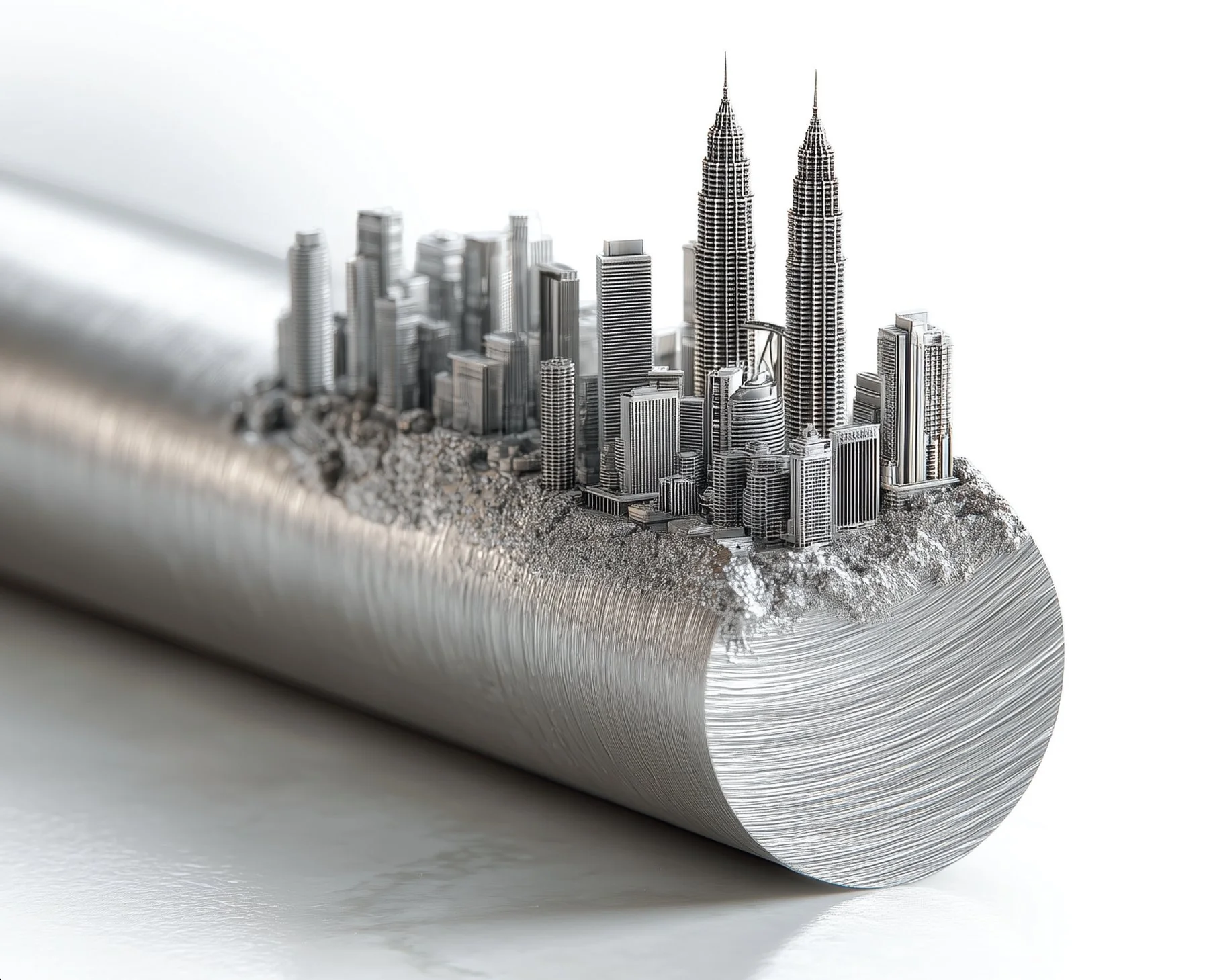 A brushed aluminium billet with a miniature Kuala Lumpur skyline — the Petronas Towers and surrounding city — rising from its surface, symbolising low-carbon aluminium building a sustainable future